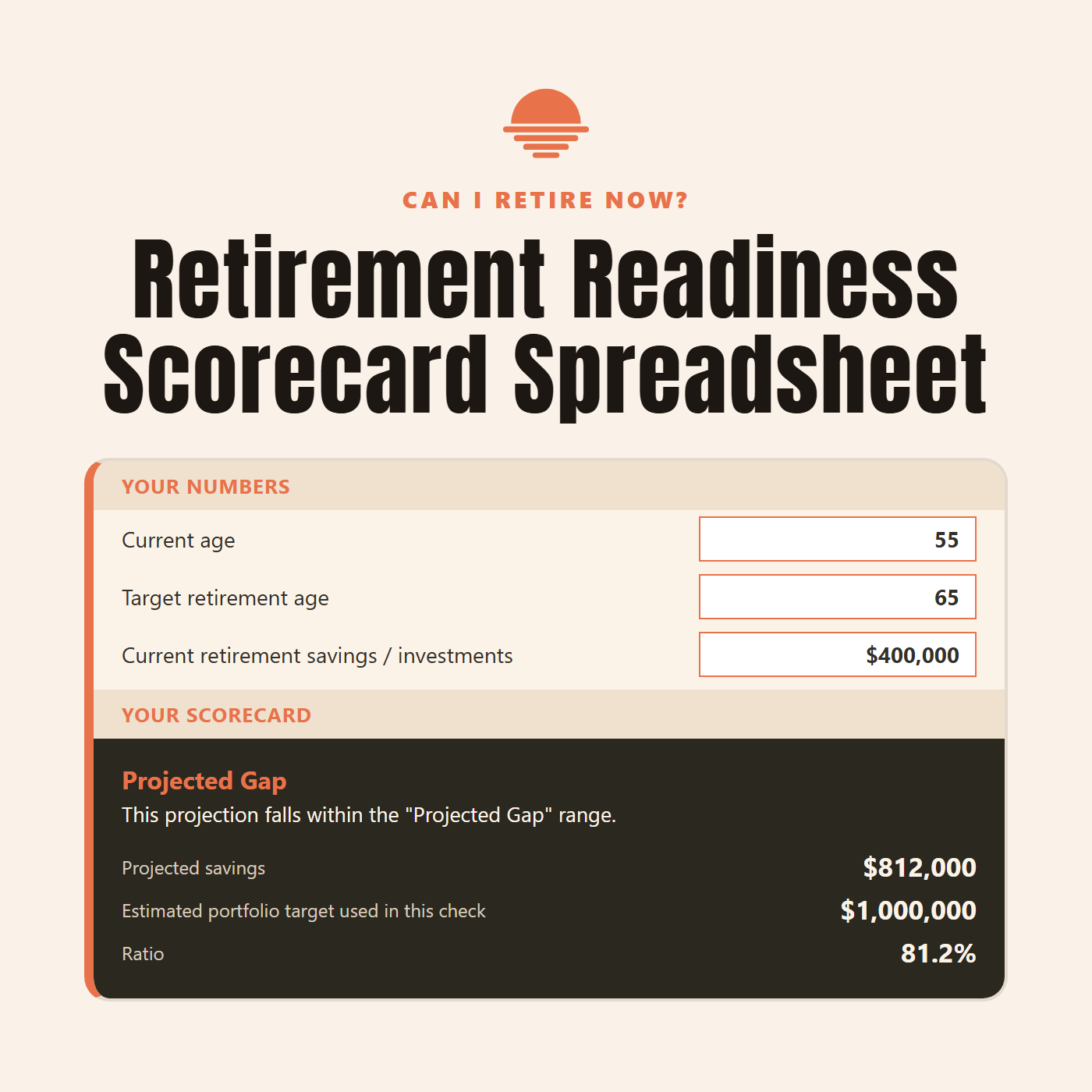 Retirement Readiness Scorecard Spreadsheet showing the same inputs, scorecard, scenarios and growth assumptions in a spreadsheet